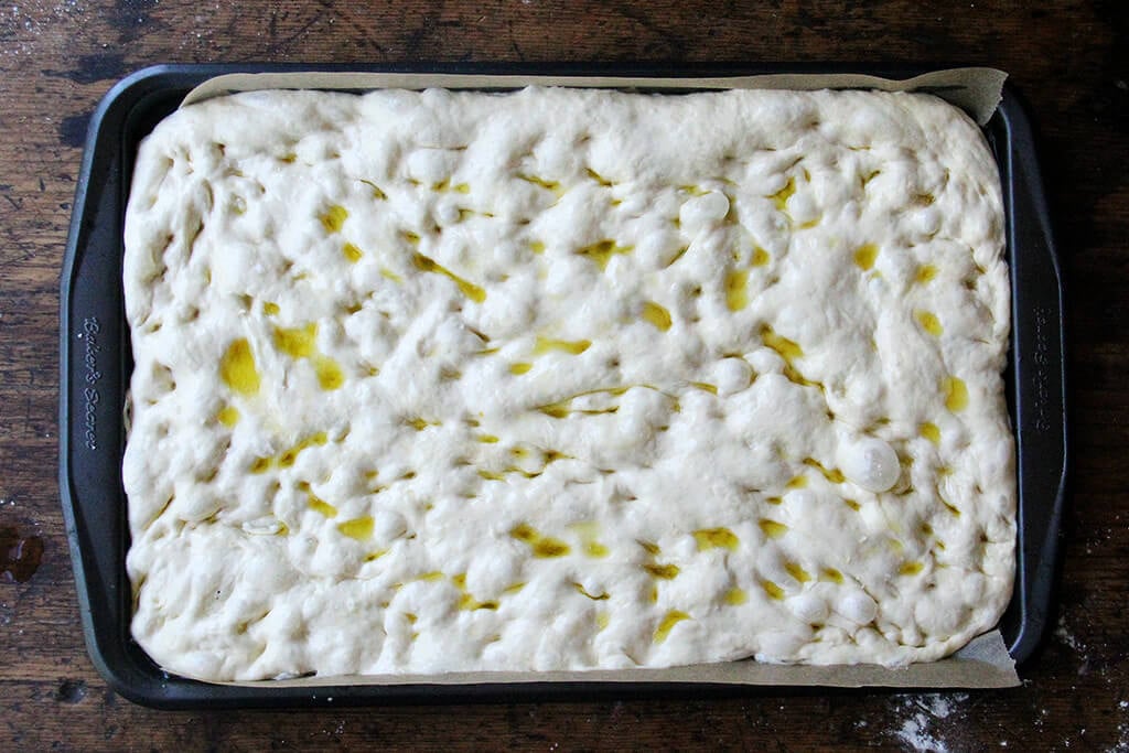 A sheet pan with focaccia dough, ready for the oven.