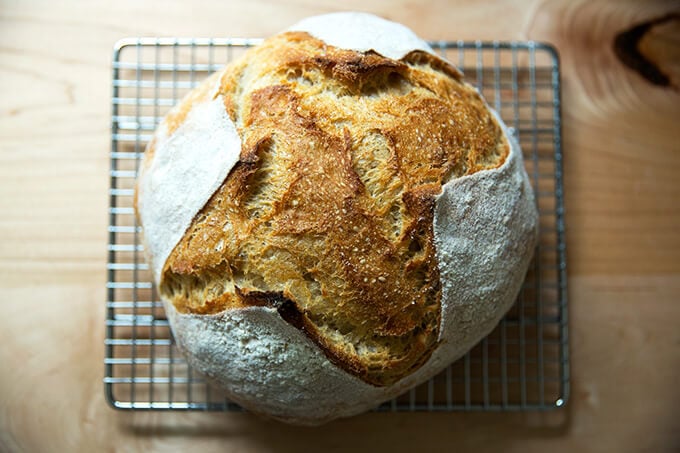 A loaf of high-hydration sourdough bread on a cooling rack.