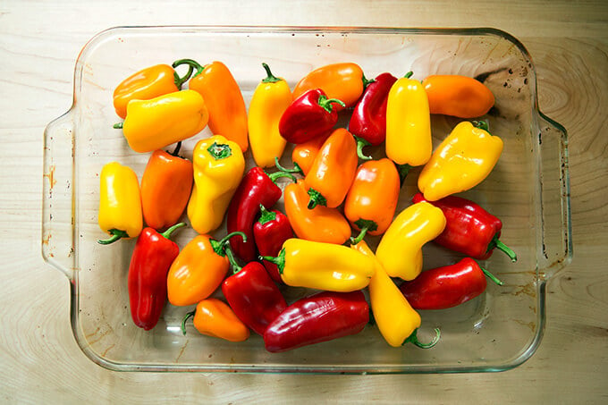 uncooked peppers in 9x13-inch pan