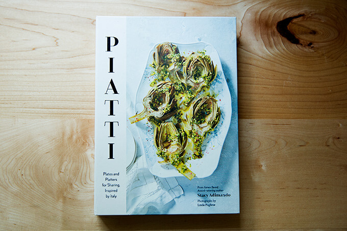 Piatti cookbook laying on the counter.