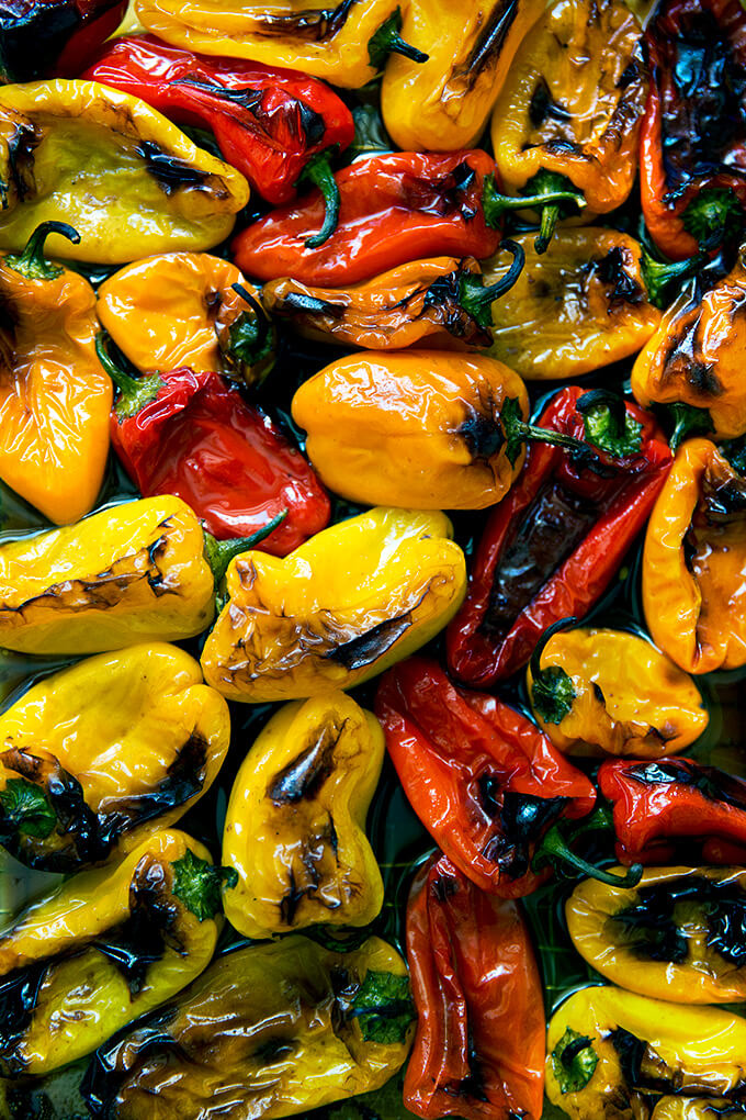 A pan of just-roasted balsamic peppers.