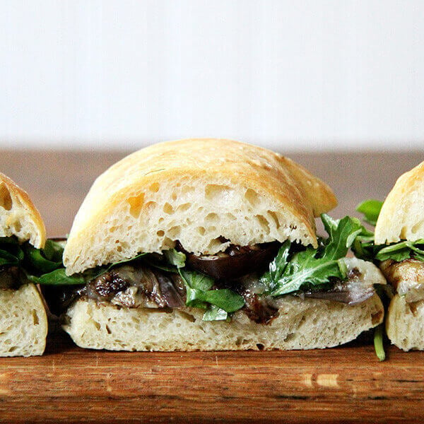 balsamic-roasted eggplant and arugula sandwiches