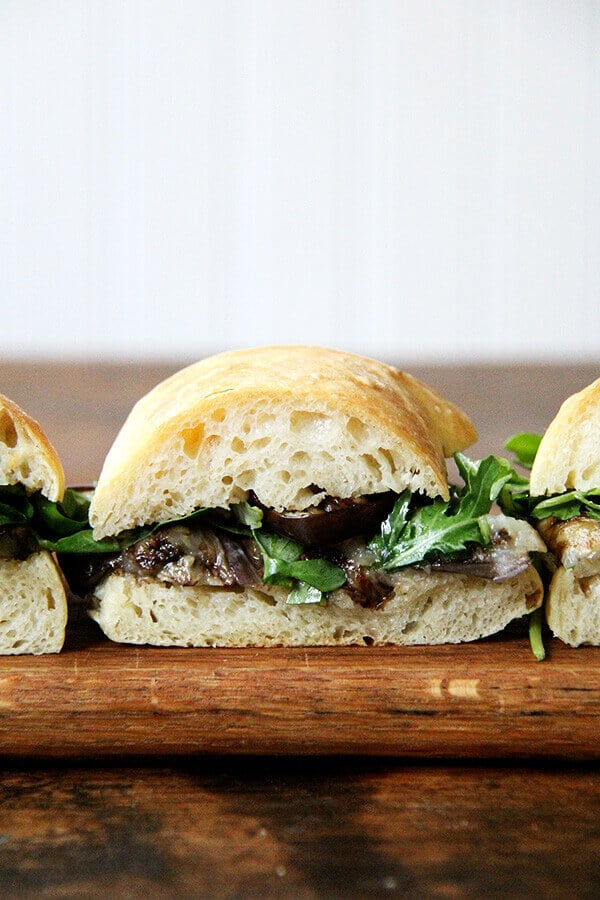 balsamic-roasted eggplant and arugula sandwiches