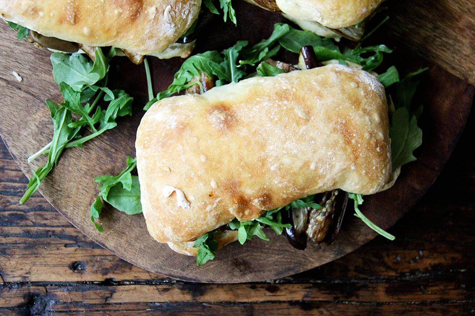 balsamic-roasted eggplant and arugula sandwiches