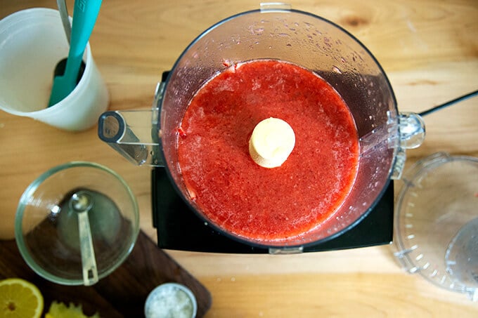 food processor with strawberry puree