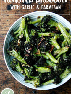 A bowl of roasted broccoli.