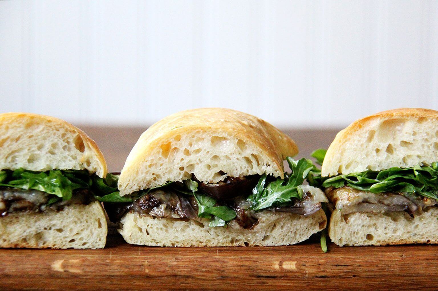 balsamic-roasted eggplant and arugula sandwiches