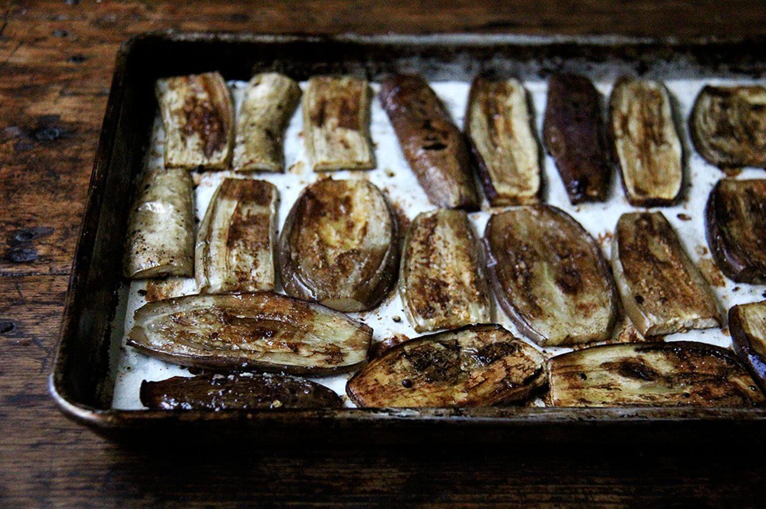 balsamic-roasted eggplant on a sheet pan