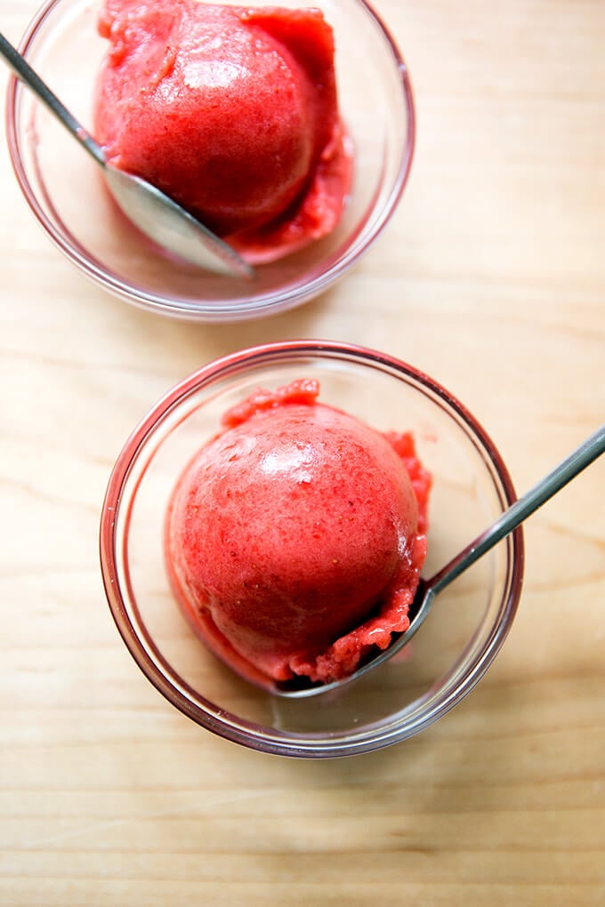 A bowl of strawberry sorbet.