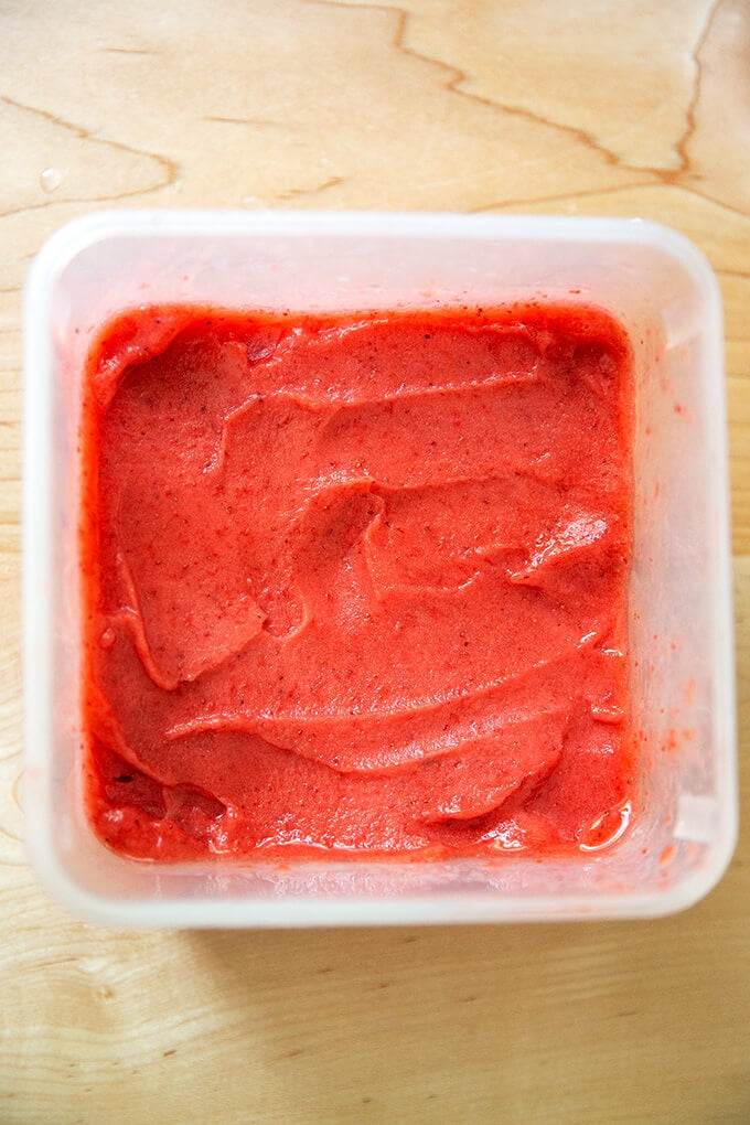 a tub of strawberry sorbet