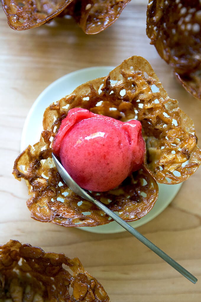 strawberry sorbet in cookie cup