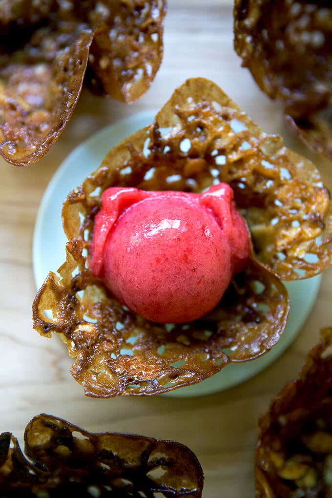 strawberry sorbet in cookie cup