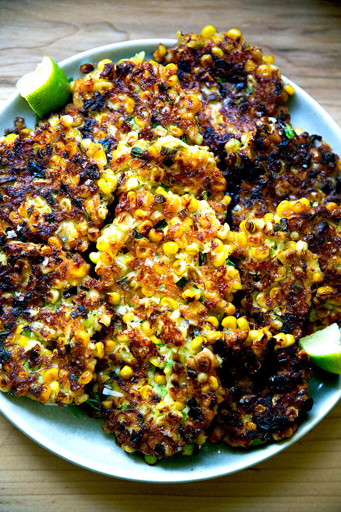 A plate of freshly fried corn fritters.