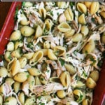 A roasting pan filled with pasta, chicken, lemon, white wine and parsley.