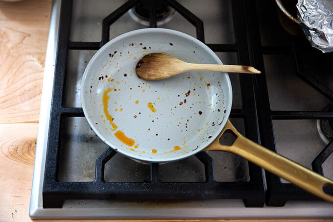 An 8-inch skillet on the stovetop. 