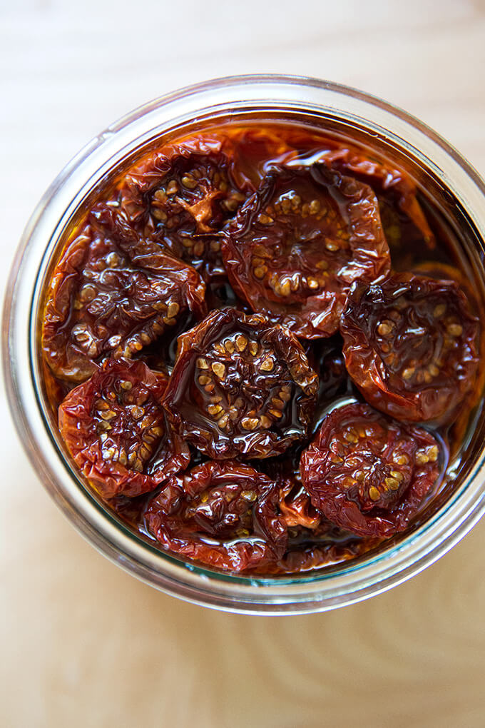 Oven-dried tomatoes in oil.