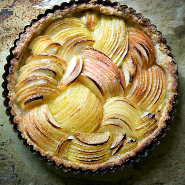 Just baked French apple tart on sheet pan.