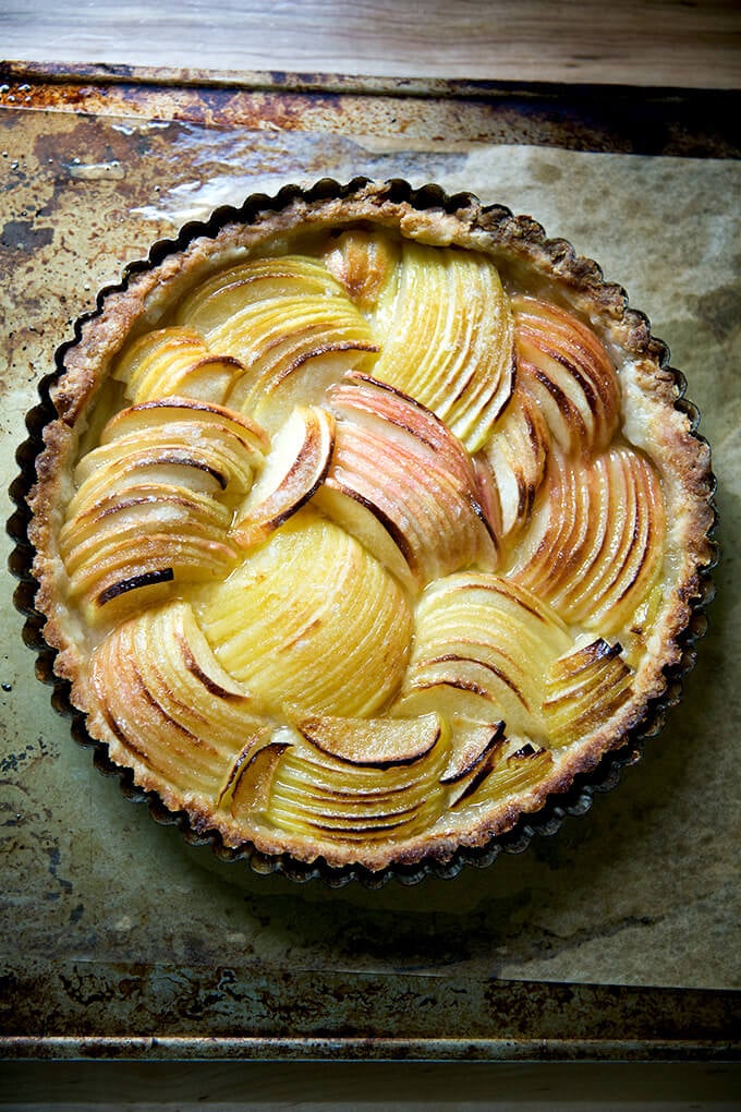 Just baked French apple tart on sheet pan.