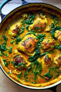 one-pot Thai chicken curry with coconut milk and spinach.