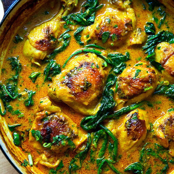 one-pot Thai chicken curry with coconut milk and spinach.