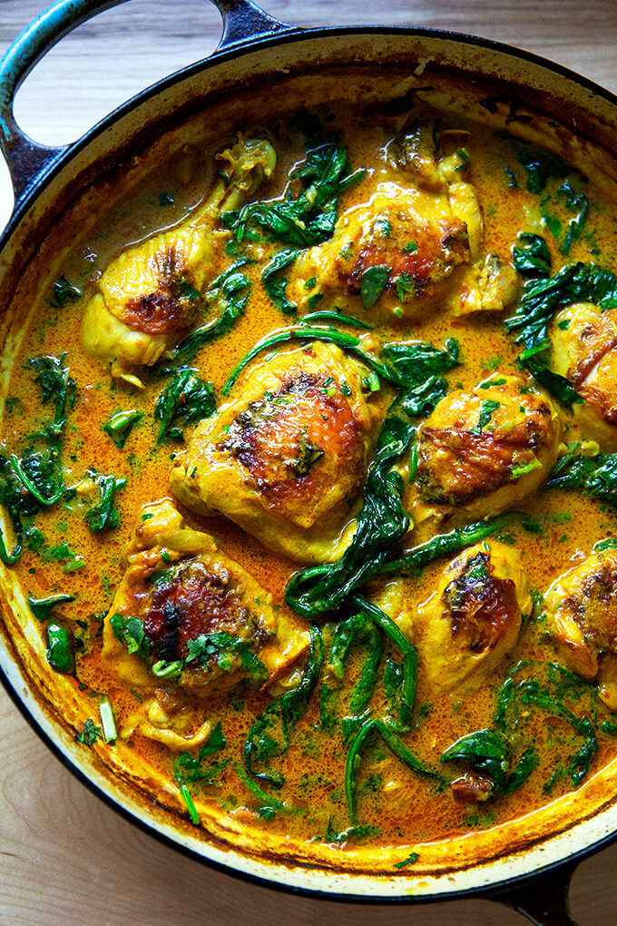 one-pot Thai chicken curry with coconut milk and spinach.