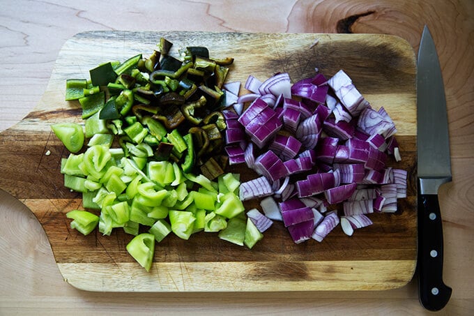 Chopped vegetables on a cutting board.