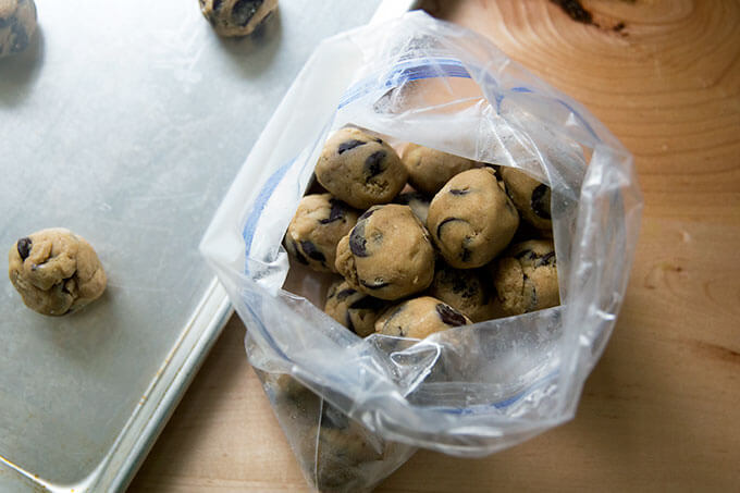 Gluten-free dough balls in freezer bag.