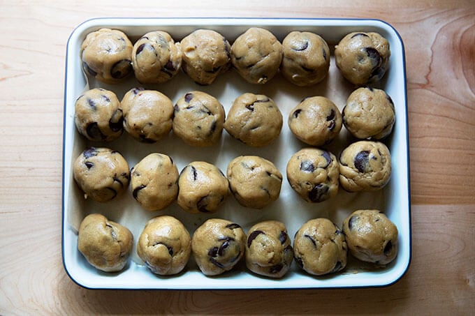 A tray of gluten-free cookie dough balls.