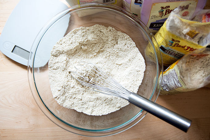 Dry ingredients whisked together for gluten-free chocolate chip cookies.