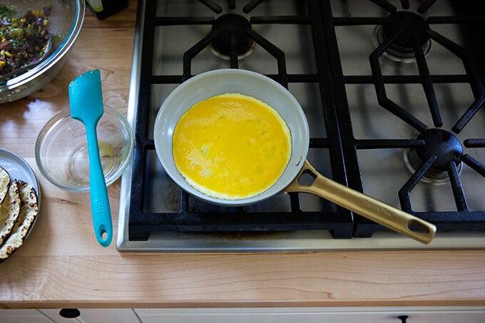 An 8-inch nonstick skillet filled with 2 eggs.