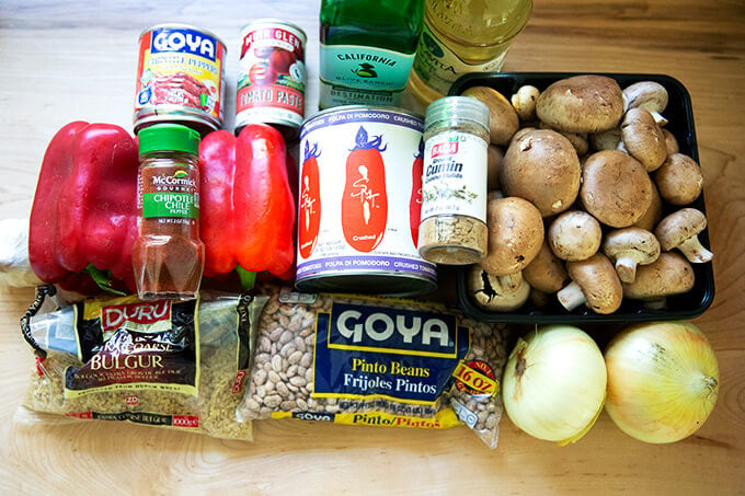 Ingredients for vegetarian chili on the countertop.