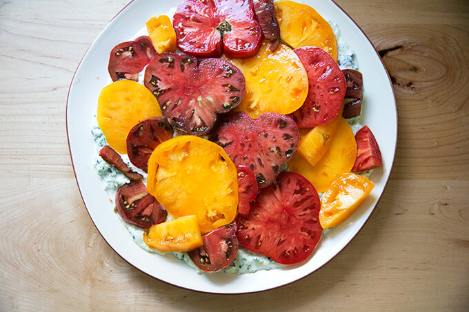 Sliced tomatoes on top of a platter of cucumber yogurt sauce.