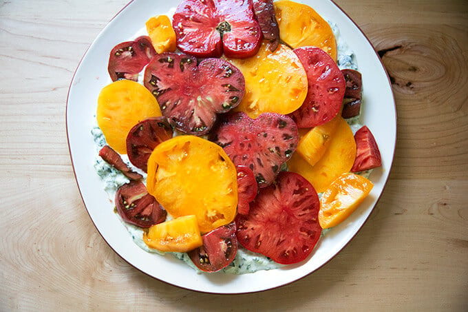 Sliced tomatoes on top of a platter of cucumber yogurt sauce.