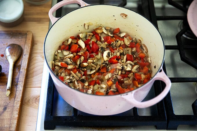 A large pot of vegetables cooking for vegetarian chili.