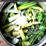 A pot of vegetable stock about to be simmered.