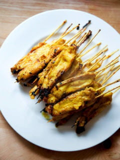 A plate of easy Thai chicken satay.