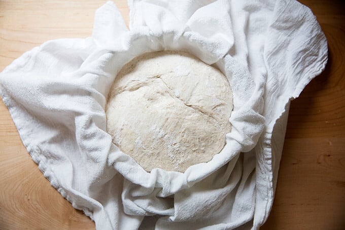 A bowl, lined with a tea towel, filled with a round of sourdough.