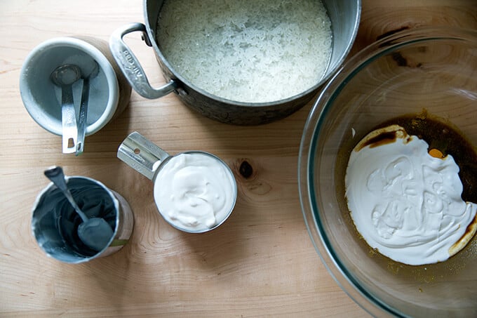 The ingredients for the coconut rice and easy Thai chicken satay marinade on a counter.