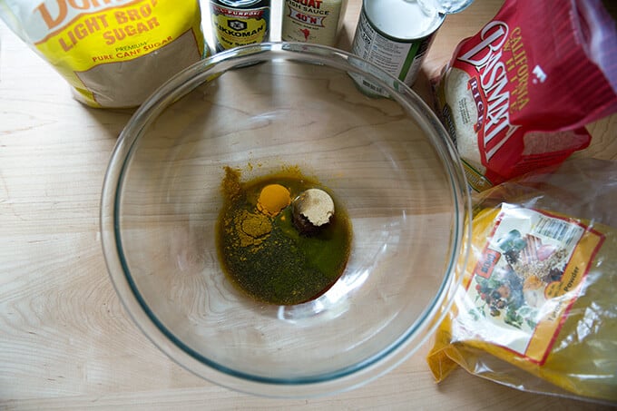 A large bowl filled with the easy Thai chicken satay marinade ingredients.