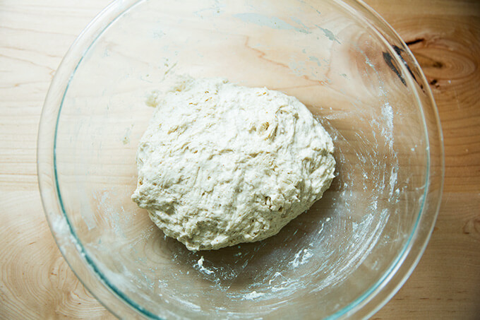 Just-mixed high hydration sourdough bread dough.