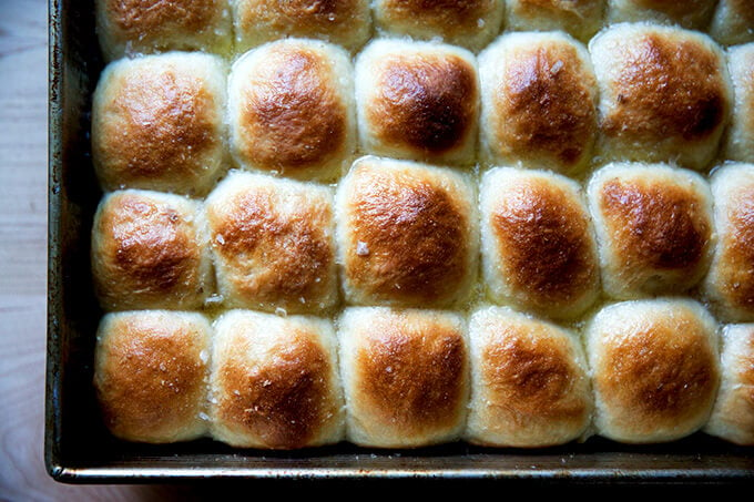 Overhead shot of just-baked buttermilk pull-apart rolls.