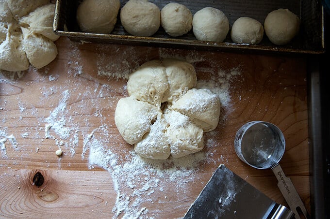 Buttermilk pull-apart dough divided into small portions.