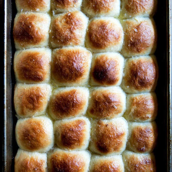 Overhead shot of just-baked buttermilk pull-apart rolls.