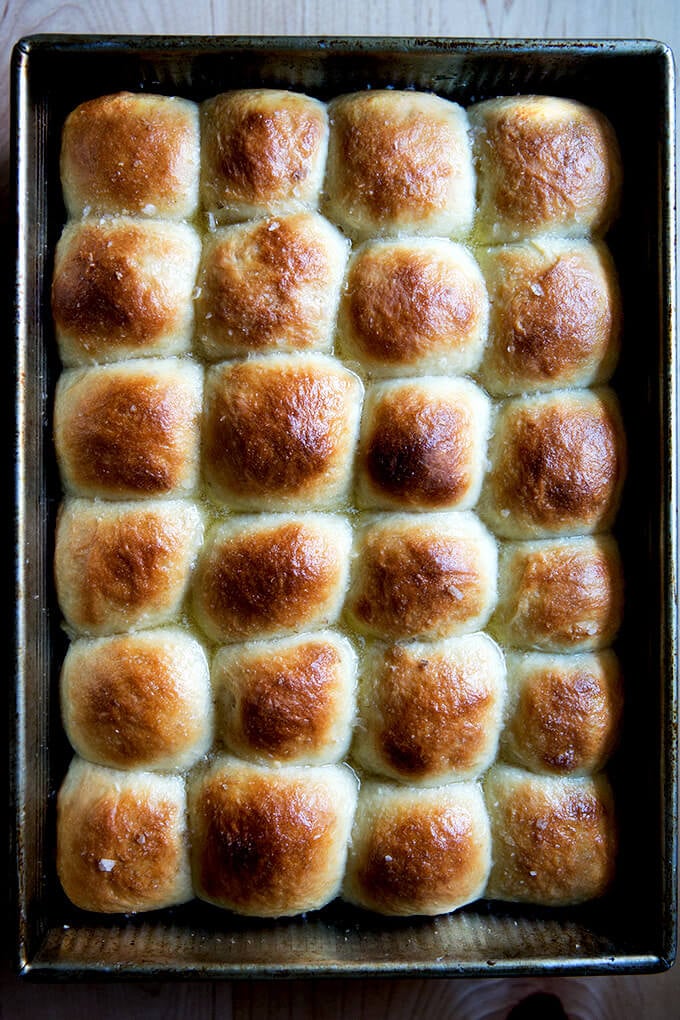 Overhead shot of just-baked buttermilk pull-apart rolls.