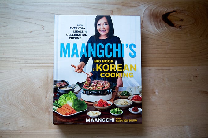 A cookbook on a counter: Maangchi's Big Book of Korean Cooking