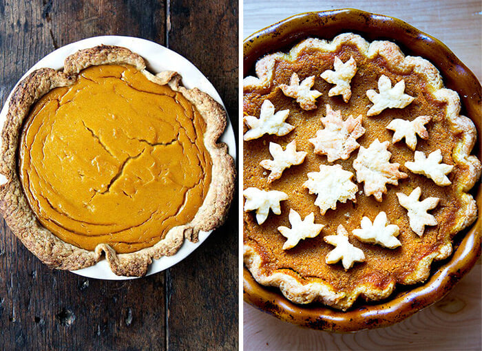 Two squash pies, one decorated, one plain.