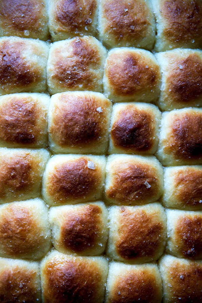 Overhead shot of just-baked buttermilk pull-apart rolls.