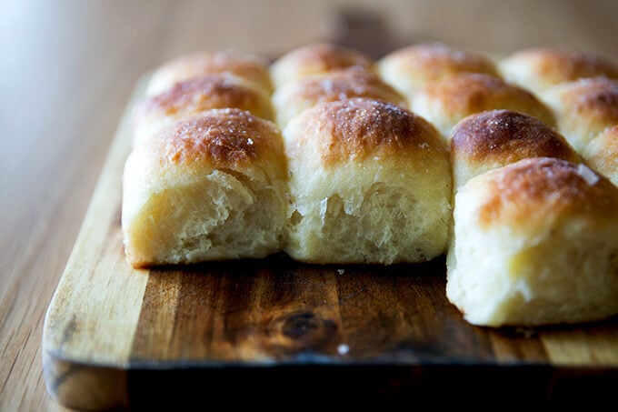 Sideview of just-baked buttermilk pull-apart rolls.