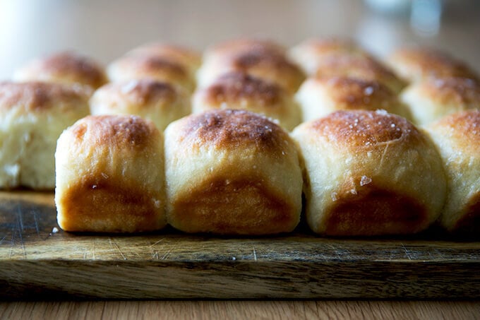 Sideview of just-baked buttermilk pull-apart rolls.