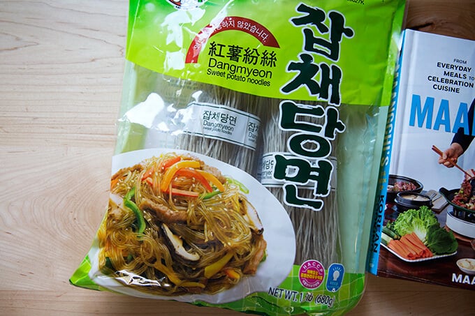 A bag of dangmyeon (sweet potato noodles) on a counter.